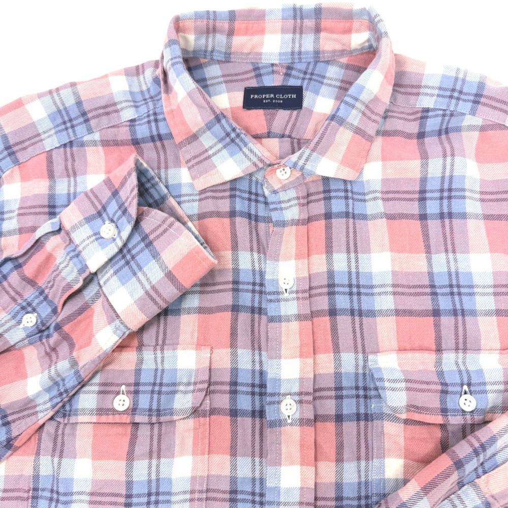 Proper Cloth Mens XL 17-35 Pink Blue Plaid Cotton Linen Button Down Shirt